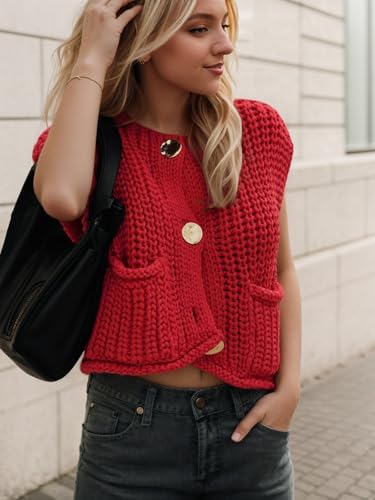 Image of Women's Sleeveless Chunky Knit Cardigan V-Neck Button Down Vest Casual Loose-Fitted Crochet Sweater with Pockets 2024