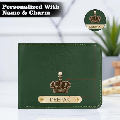 Image of The Wallet Store Personalised Leather Wallet for Men | Customised with Name and Charms | Best Gift for Husband, Boyfriend, Brother | for Anniversary, Birthday, Etc. (Green)