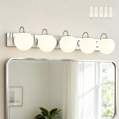 Image of Vintage Brushed Nickel Bathroom Vanity Light Fixtures Over Mirror 5 Lights