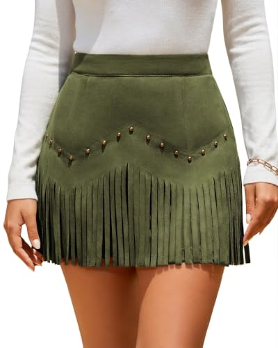 Image of Women Faux Suede Fringe Mini Skirt Western Cowgirl Skirts