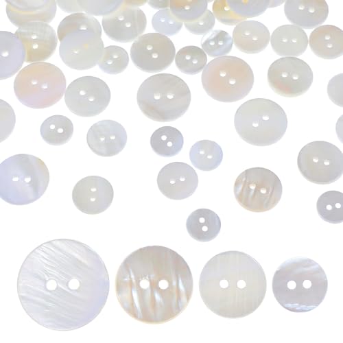 Nogeqi 60 Stück Natürlich Perlmutt Knöpfe, Weiße 12.5mm/15mm/18mm/20mm Schimmernde Knopf, Flach Pearl Buttons, Knöpfe für Strickjacke Kleidung Handwerk Röcke