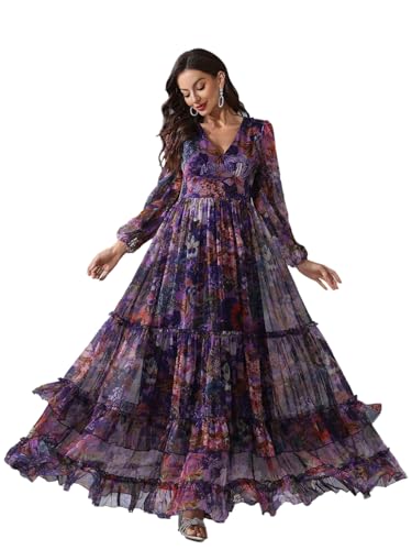 Image of TOLEEN Summer Casual Dresses for Women 2024 Spring Fashion Boho V Neck Long Sleeve Ruffle Floral Print Elegant Maxi Dress