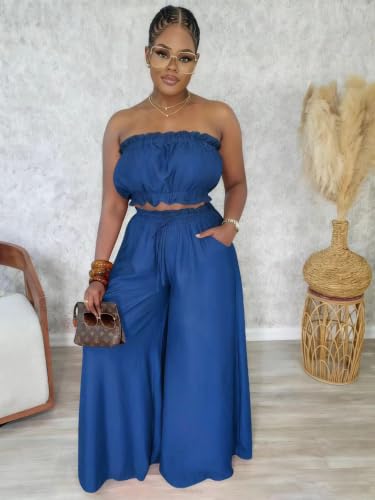 Image of Two Piece Sets for Women Summer Outfits Crop Tops and Wide Leg Pants Sets Sexy Jumpsuits Vacation Outfits with Pockets