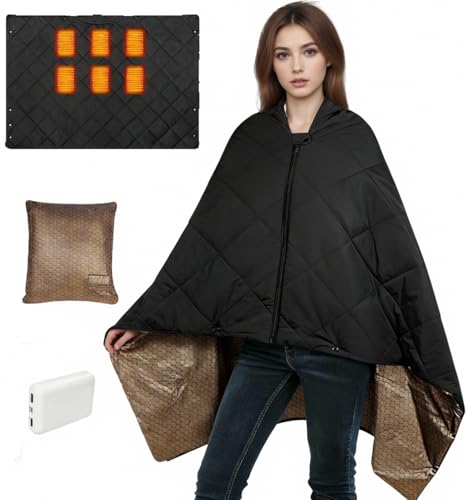 Cordless Heated Blanket, Battery Operated Heating Blanket with 10000mAh Battery & 6-Zone Fast Heating Wearable Blanket Throw for Indoor Outdoor, Camping, Travel, Football Game, Machine Washable