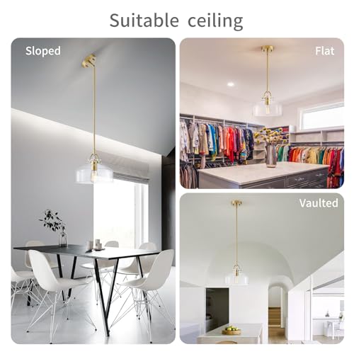 Image of WUZUPS Chandelier Rustic Farmhouse Industrial Round Ceiling Pendant LED Light Fixture with Clear Glass Shades for Dining Room Kitchen Island Foyer Entryway, H 9.4 inch x W 10.6 inch, E26 Base, Gold