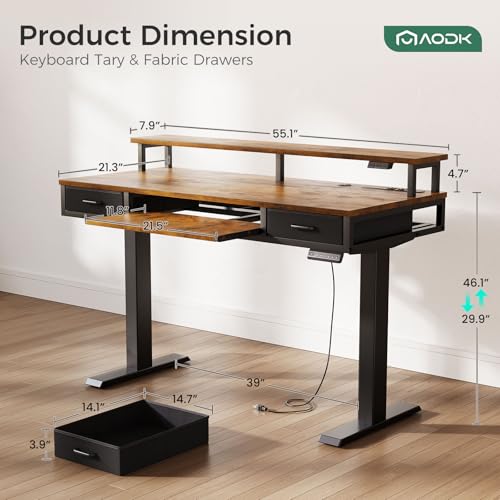 AODK 55 Inch Standing Desk with Drawers & Keyboard Tray, Rustic Brown | 3 Outlets & 2 USB Ports, 20-Mode LED Lights, Monitor Stand, Cable Management Tray, 3 Memory Heights, 29.9"-46.1" in Range - Image 4