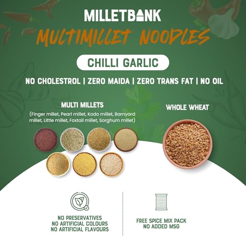 Image of Millet Bank Multi Millet Hakka Noodles Chilli Garlic|Noodles Packets No Maida, Not Fried, No MSG | No Added Preservatives | Pack of 2 - 180g Each