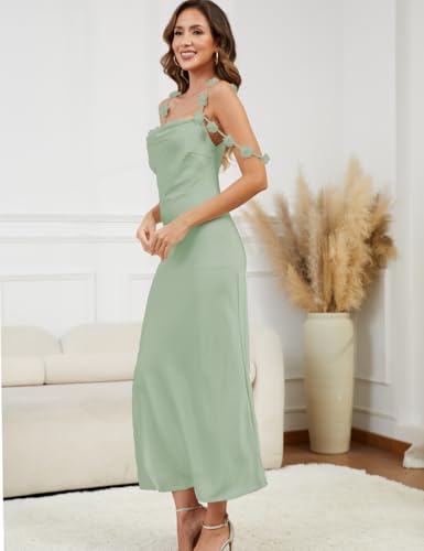 Satin Floral Off The Shoulder Midi Dresses for Women Silk Spaghetti Strap Cowl Neck Backless Bridesmaid Wedding Guest Dress2