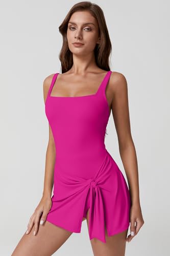 Image of QINSEN Square Neck Swim Dress for Women Tummy Control One Piece Swimsuit Wrap Bathing Suit