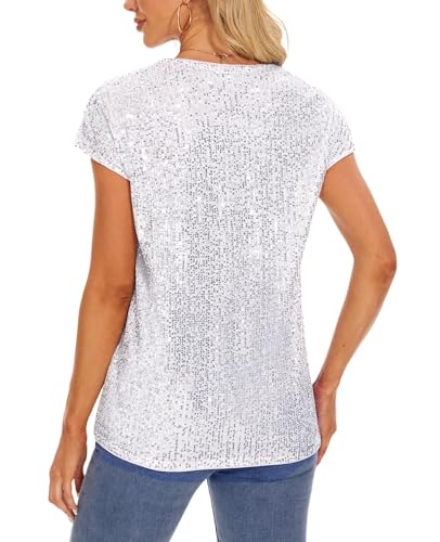 Women's Sparkly Sequin Tops Cap Sleeve Glitter Dressy Blouses V-Neck Club Party Tops2