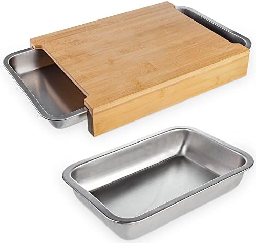 Gadgy Bamboo Chopping Board with Containers | Cutting Board with Trays | Wooden Chopping Board | 3 Stainless Steel Trays Included | Bread Board | Large Cutting Board | 40 x 30 x 7,5