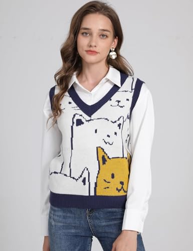 Arssm Womens Cat Print Pullover Sweater Vest V Neck Sleeveless Knit Vests 2025 Pullover Knitted Tank Top2