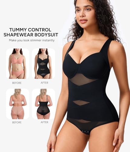 Nebility Shapewear Bodysuit for Women Tummy Control Waist Trainer Backless Body Shaper V-Neck with Built in Bra4