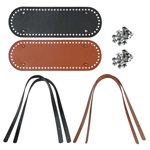 2 Pezzi Fondi per Borse Uncinetto e Manici per Borse Uncinetto, Ovale Fondo Borsa, Manici Borsa in Pelle PU, DIY Accessori Uncinetto Kit Fai Da Te, per Borsetta Tote, Marrone Nero