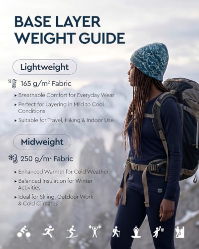 Image of MERINNOVATION Merino Wool Base Layer Set for Women 100% Merino Wool Thermal Underwear Sets Lite - Midweight Top Tank Bottom