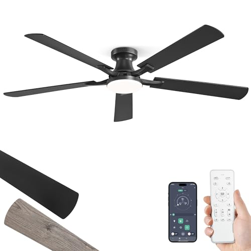 ZMISHIBO 60 Inch Ceiling Fan with Light, App&Remote Control, Flush Mount Low Profile, Dimmable 20W LED Light, Quiet Reversible Motor for Bedroom, Living Room, Apartment, Black
