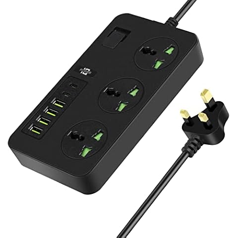 HOVCEH Extension Lead with USB C Ports with 4 USB, Multi Plug Extension Socket with 1.9 Meter Power Cable, Power Strip Surge Protector Black Extension Lead 3000W Cover