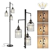 Nexulumin Industrial Floor Lamp with Dimmable LED Bulbs - Rustic Standing Lamp for Living Room, Bedroom, Office - 3 Birdcage Shades, Black Finish