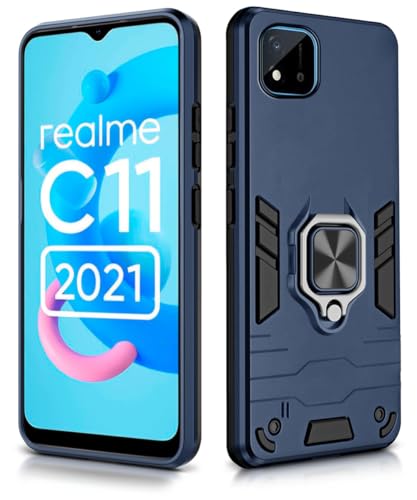 Image of WOW IMAGINE Shock Proof Back Case Mobile Cover for Realme C11 2021 | C20 Back Cover Case (Tough Armor | Hybrid PC + TPU | Ring Holder & in-Built Kickstand | Blue)