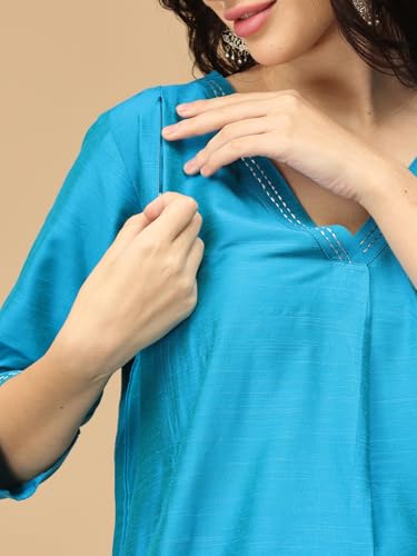 Image of The Mom Store Maternity Nursing and Feeding Kurta Set | Nursing Zippers | Pre and Post Pregnancy | Raw Silk | Kurta Pant Set | Solid |