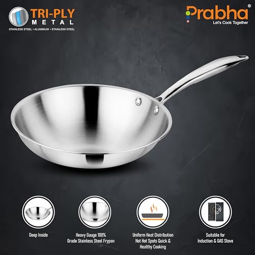 Image of Prabha Stainless Steel Fry Pan Without Lid, Kitchen Fry Pan, Tri-Ply Layer, 16cm, 0.65L Capacity, Induction and Gas Stove Suitable