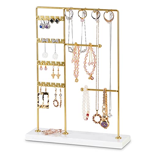 Porte-bijoux en métal doré - Porte-bijoux - Porte-boucles d'oreilles - Arbre à bijoux debout avec plateau - Organisateur de bijoux pour colliers, bracelets, boucles d'oreilles et bagues Cover