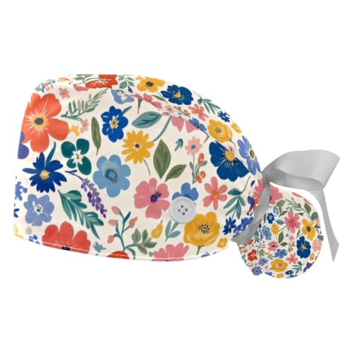 Image of 2 PCS Bouffant Cap with Button Ponytail Pouch Working Cap Sweatband Adjustable Surgical Cap Black and White Cow