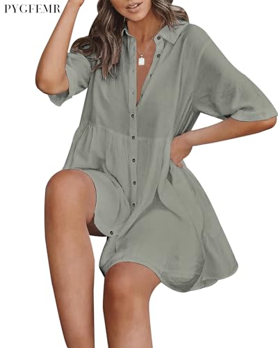 Image of PYGFEMR Women's Short Sleeve Babydoll Dress Button Down Dresses with Pockets