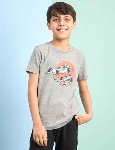 Image of Amazon Brand - Jam & Honey Boys 100% Cotton Solid Print Mid Rise Track Pants (Joggers) and t-Shirt, Grey Melange + Black, 11-12 Years