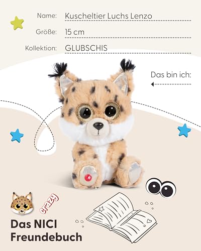 NICI GLUBSCHIS Luchs Lenzo 15cm - Schlenkernder Kuscheltier Luchs mit großen Glitzeraugen - 49295