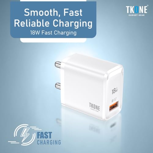 Image of TKONE Rapid 18W Fast Charging Adapter, USB A, for iPhone 17 /16 /15 /14 /13 /12 Series, Samsung Galaxy S25 /S24 /S23, OnePlus, Nothing & Others (White)
