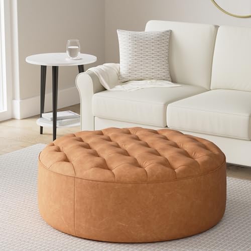Image of POLY & BARK Ascot Ottoman - 40 inch Round Pouf with Feather-Down Topper - Full-Grain Leather Upholstered Pouf Ottoman for Living Room - Vintage Italian Leather in Cognac Tan