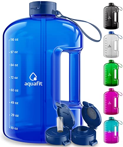 AQUAFIT 1 Gallon Water Bottle With Time Marker - Large Water Bottle Gallon Water Bottle Motivational One Gallon Water Bottle With Straw 1 Gallon Water Jug With Time Marker 1 Gallon Big Water Bottle Dark Blue