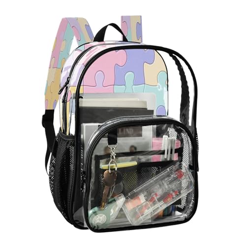 Pastel Colored Puzzle Pattern Clear Backpack - Stadium Approved Large 15.7-inch Waterproof Transparent Bag for Sports, Concerts, Work, Travel#3702