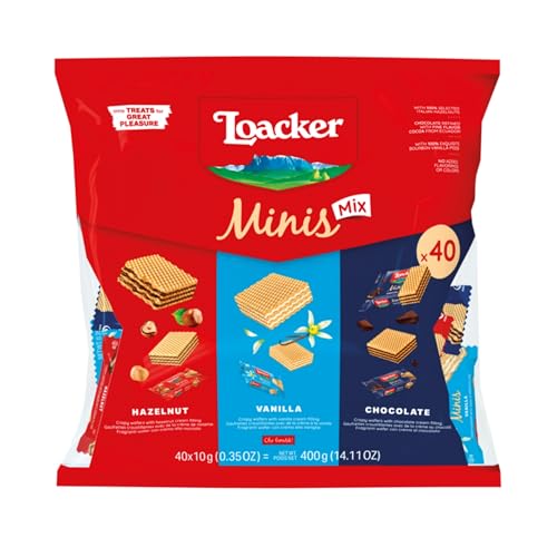 Loacker Minis Waffelkekse Mix (400g) 40 einzeln verpackte Mini-Waffeln Knusprige Waffeln mit Haselnuss Vanille & Kakaocreme Ideal zum Teilen & Snacken