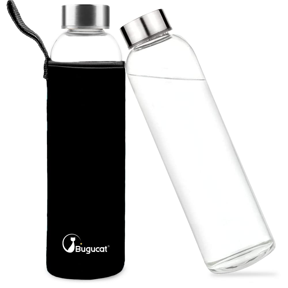 Bugucat Borosilicate Glass Water Bottle 1000ML, Reusable Lid Drinking Bottle with Protective Sleeves,Juice Beverage Container BPA-Free Leak Proof for School Sport Yoga Gym Hot Cold Drinks