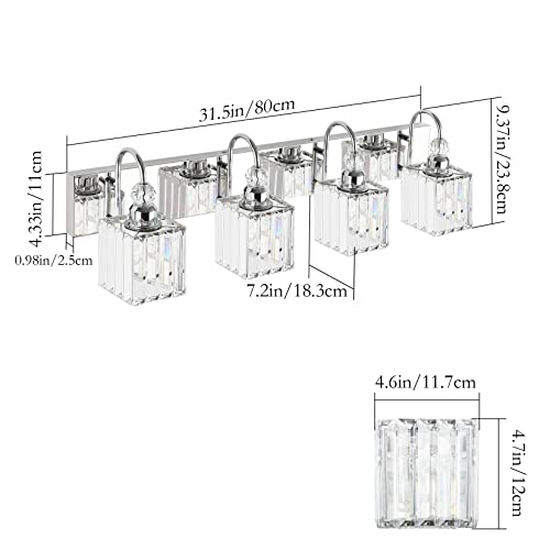 Image of Ralbay Chrome Crystal Vanity Light 4-Lights 31.5'' Modern Bathroom Wall Lighting Over Mirror