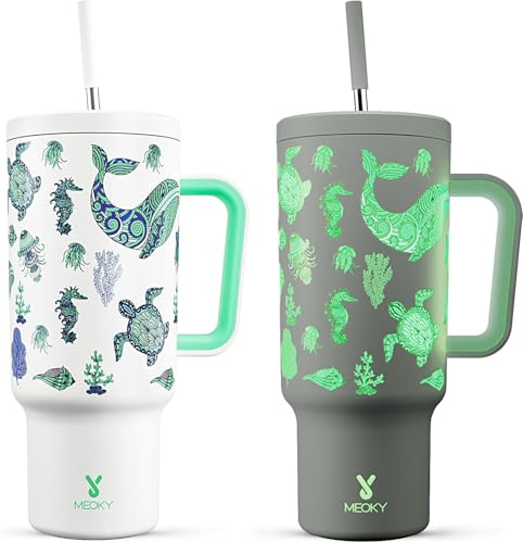 Meoky 40 oz Glow in the Dark Tumbler with Handle and Straw, Tumbler with Lid and Straw, Insulated Stainless Steel Travel Mug, 100% Leak-proof, Keeps Cold for 34 Hours (Sea Life)