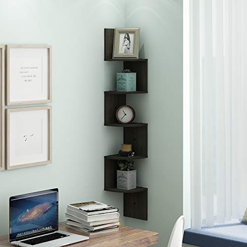 Image of Furinno ROSSI Floating Book Shelves for Wall, 5-Tier Zigzag Corner Shelf Wall Mounted, Radial Corner Floating Shelf, for Living Room, Bedroom, Bathroom, Home Office, Espresso