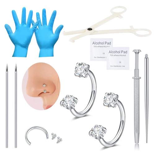 DJCIW Septum Piercing Kit 18G Stainless Steel Piercing Needles with Piercing Clamps Tool and 20G Silver Nose Hoop Rings Septum Jewelry Professional Piercing Kit for Nose Septum Lip Ear
