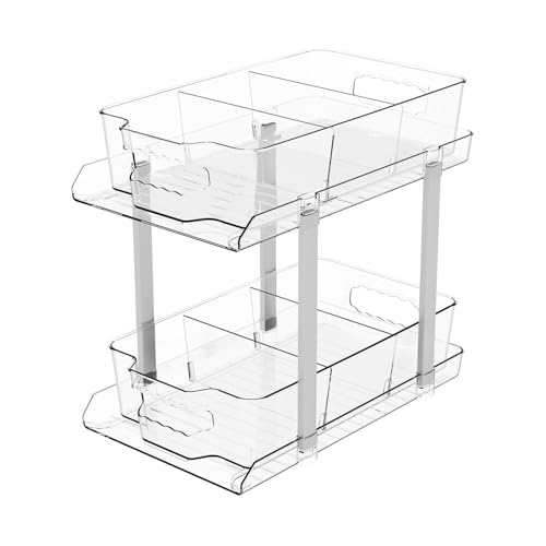 SANWICH Organizer trasparente da sottolavello, mobiletto multifunzione estraibile a 2 livelli, organizer con 4 divisori rimovibili per bagno, cucina e sotto il lavandino