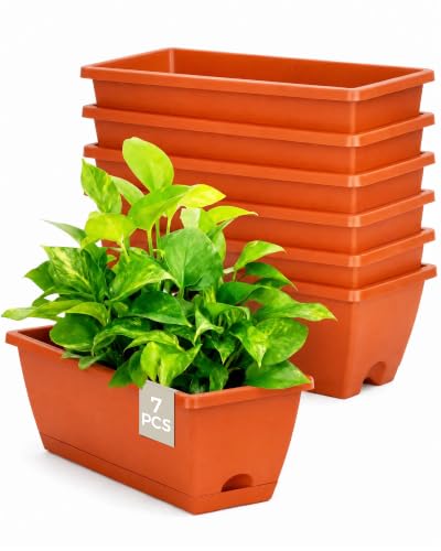 Bamworld 7 Pcs Window Box Planter 43 cm Rectangle Flower Box with Drainage Holes and Trays Plastic Planters for Windowsill Patio Porch Garden Decor Red