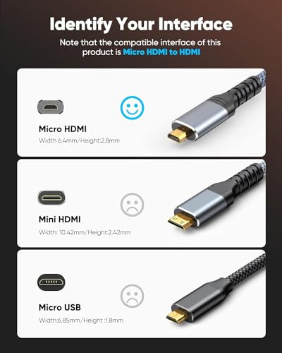 Image of ETZIN 4K Micro HDMI to HDmI Cable 4.6 FT, Micro Male to Male Cable Nylon Braided Cord Adapter 2.0 4K@60HZ 2K@165HZ 18Gbps Compatible with Laptop Camera Monitor Grey