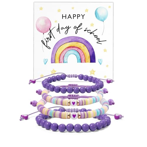 4Pcs First Day of School Matching Bracelets, Pink Purple Beads Charms Adjustable Colorful Clay Bead Bracelet Back to School Gifts Party Supplies for Prek Preschool for Daughter Son