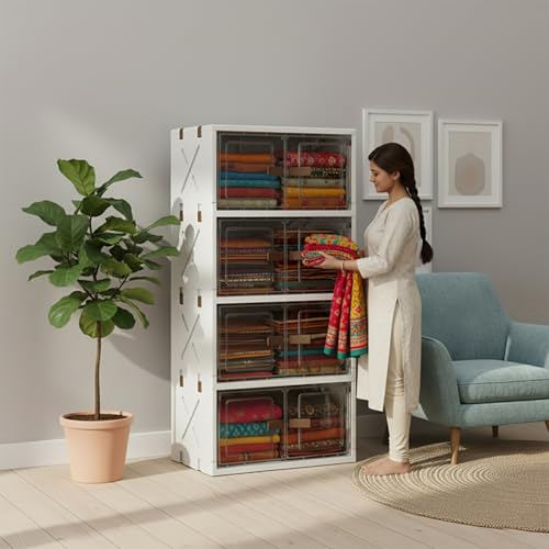 Image of House of Quirk 4 Layer Plastic Storage Box - Flip Storage Box, Foldable with 2 Door, Free Installation, Storage Wardrobe & Home Organizer (40cm, Transparent, Cream)