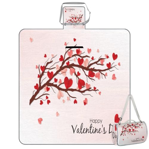 Shimoshe Picnic Blankets 57”x 59”, Love Heart Leaves Tree Branch Waterproof Sandproof Picnic Mat Lightweight Foldable Beach Blanket for Camping Park Grass Beach Outdoor Blanket