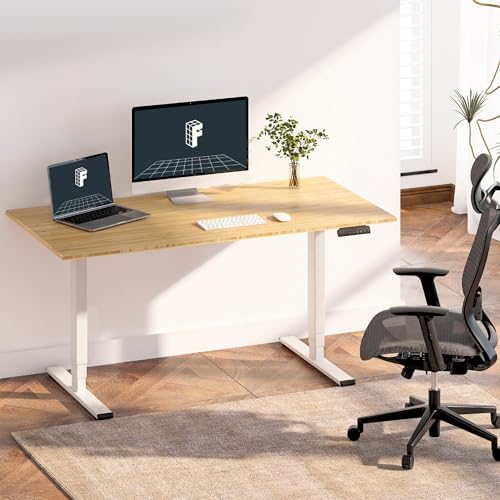 Image of FLEXISPOT E6 Bamboo 3-Stage Dual Motor 60 x 30 Electric Standing Desk Sit Stand Up Desk, Holds 220 lbs, Adjustable Height w /Memory Presets, Solid Bamboo Desktop & White Frame, Ships in 2 Boxes