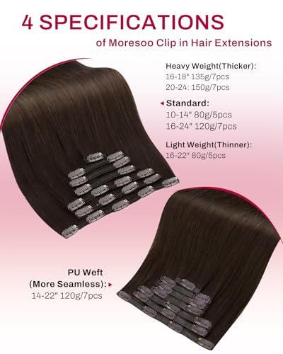 Image of Moresoo Clip in Human Hair Extensions, Medium Brown, Seamless PU Skin Weft | Human hair clip in extensions, 18inch 120g 7pcs, suitable for office and outings, balanced soft volume for everyday elegance