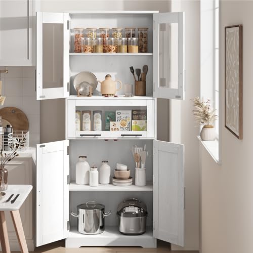 GAOMON Tall Bathroom Cabinet, Freestanding Storage Cabinet with Glass Doors and Adjustable Shelves and Drawers, 67" Tall Cabinet for Kitchen, Pantry, Living Room,White
