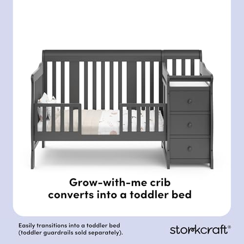 Image of Storkcraft Portofino 5-in-1 Convertible Crib and Changer - Crib and Changing Table Combo with Drawer, Converts to Toddler Bed, Daybed and Full-Size Bed, Storage Drawer (Gray)